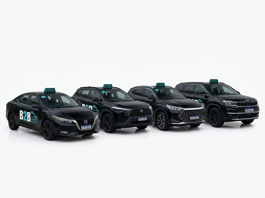 Frota da B2B Táxi Premium: Nissan Sentra, Toyota Corolla Cross, BYD Song e Jeep Commander pretos, com luminoso de teto